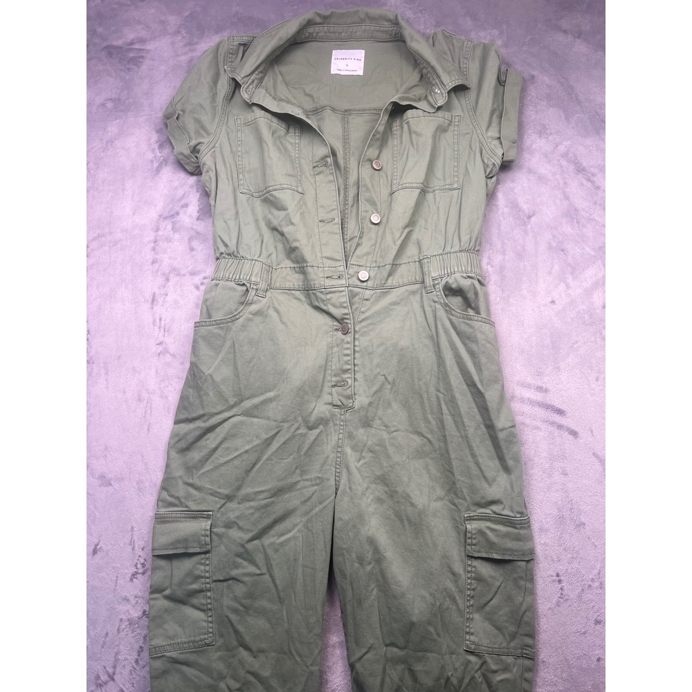 Celebrity Pink Womens Olive Green Cargo Utility Jumpsuit Short Sleeve Size Large